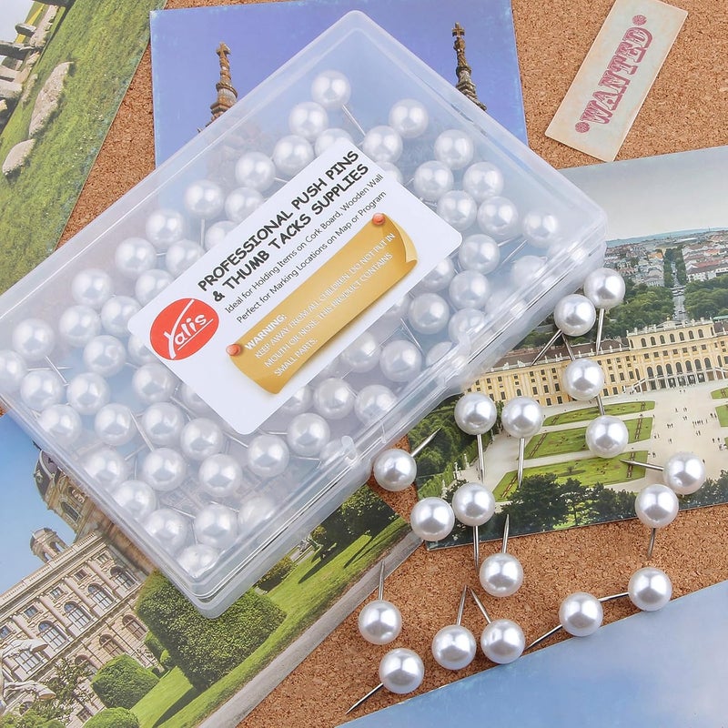 Yalis Push Pins 1/3 Inch Map Tacks 100-Count Large Size Pins Steel Point and Plastic Round Head (Pearl) - Image 4